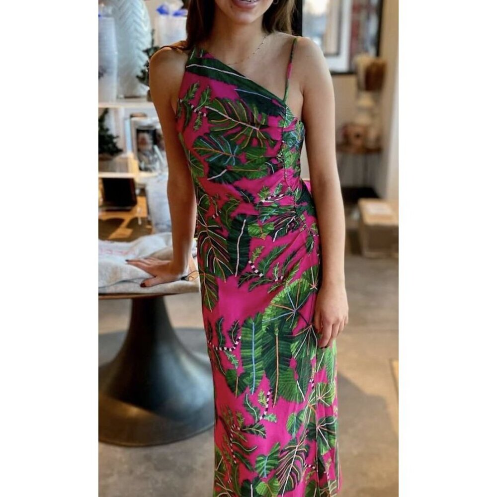 FARM RIO Pink Leaves Sleeveless Open Strappy Back One Shoulder Midi Dress Small